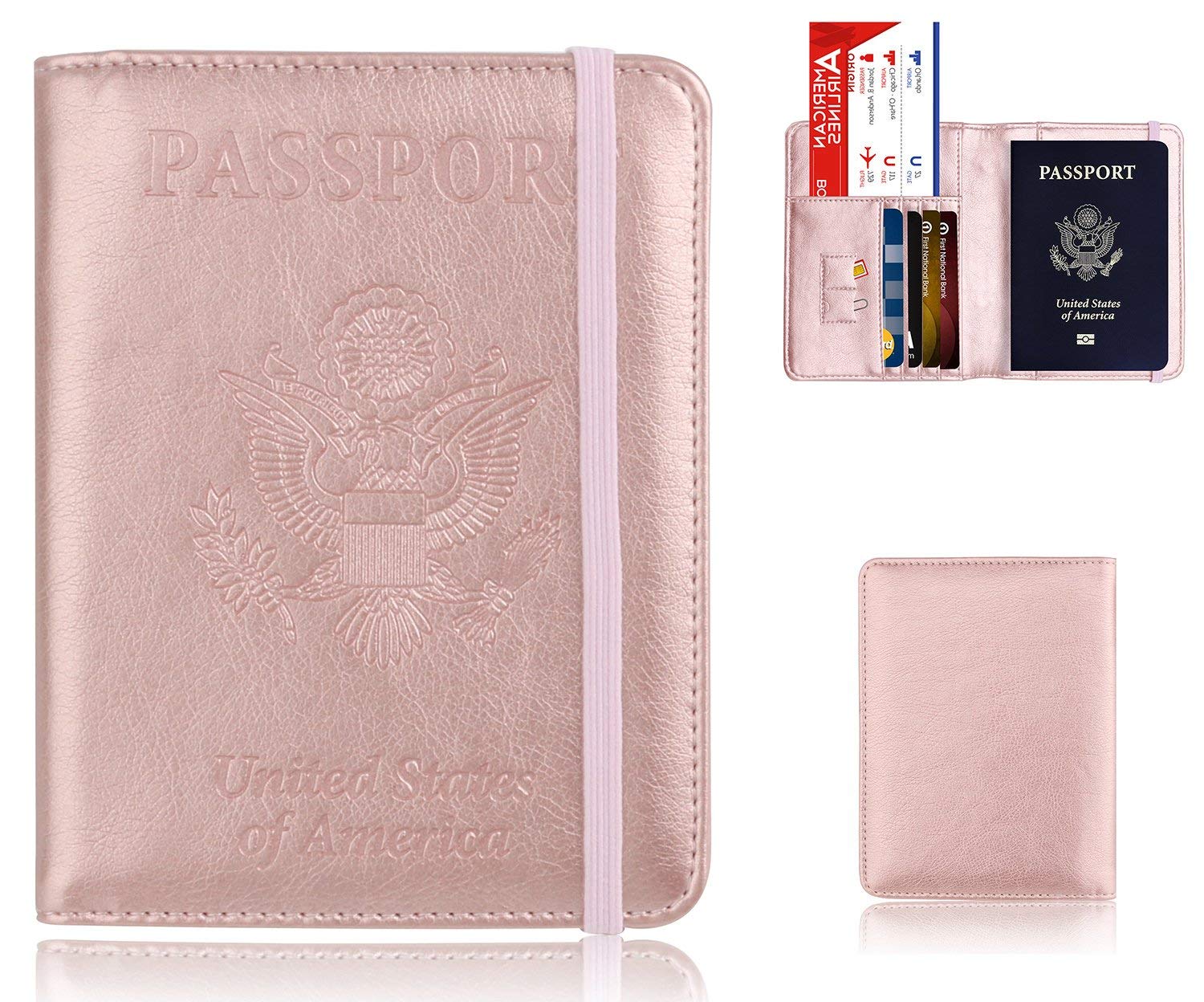 Leather Passport Holder Cover Leather Rfid Blocking Passport Wallet Case for Men Women With Elastic Band, Rose Gold